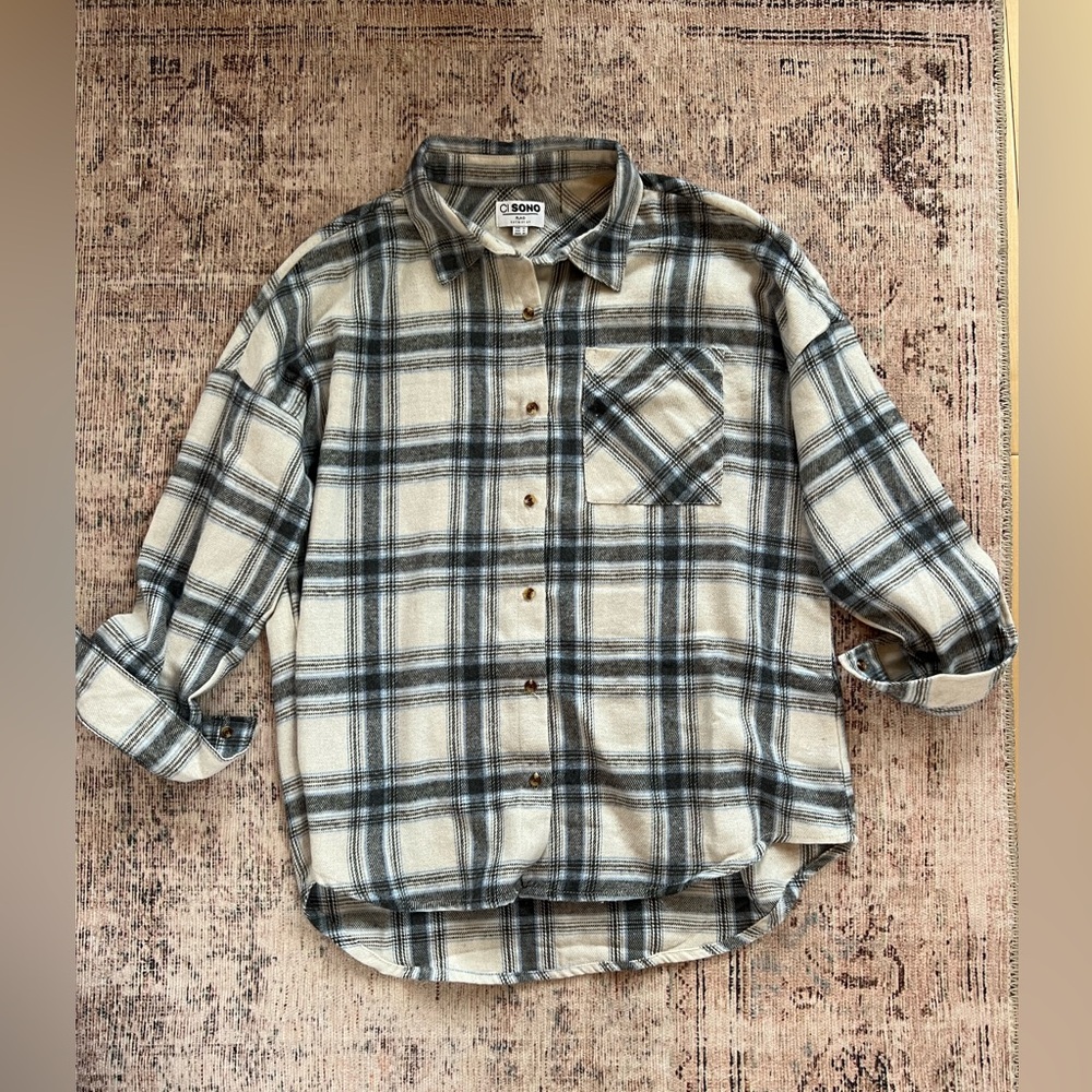 Ci Sono Women's Plaid Button-Down Shirt - Blue Gray  and Cream